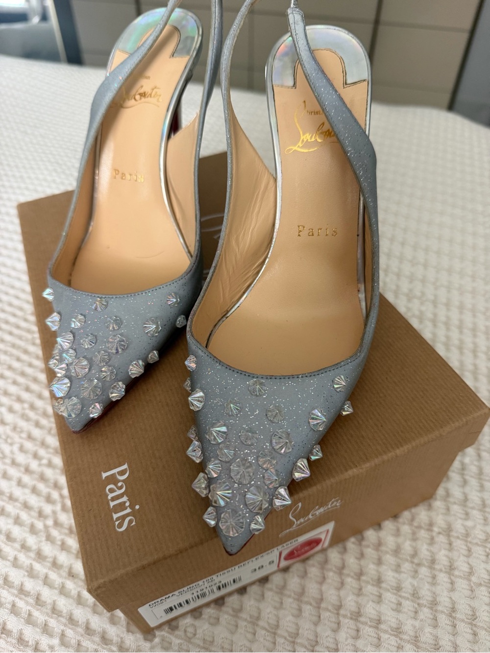 Christian Louboutin Silver Crystal-Embellished Pointed Slingback Pumps